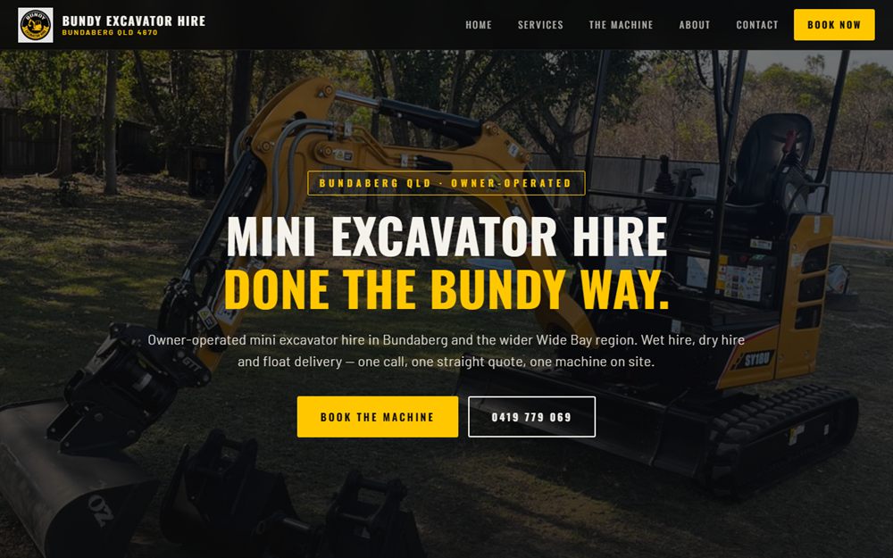 The homepage of Bundy Excavator Hire, built by JC Websites