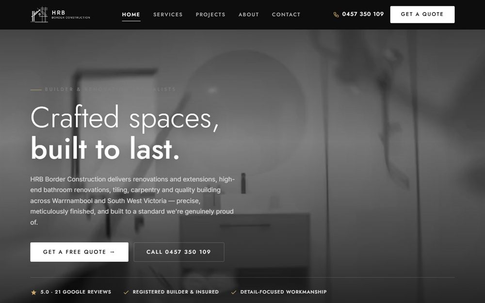 The homepage of HRB Border Construction, built by JC Websites