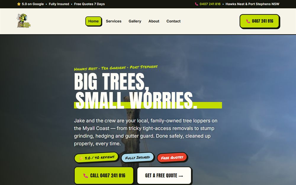 The homepage of Jake's Tree Lopping, built by JC Websites