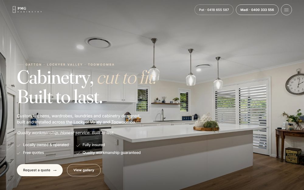The homepage of PMG Cabinetry, built by JC Websites