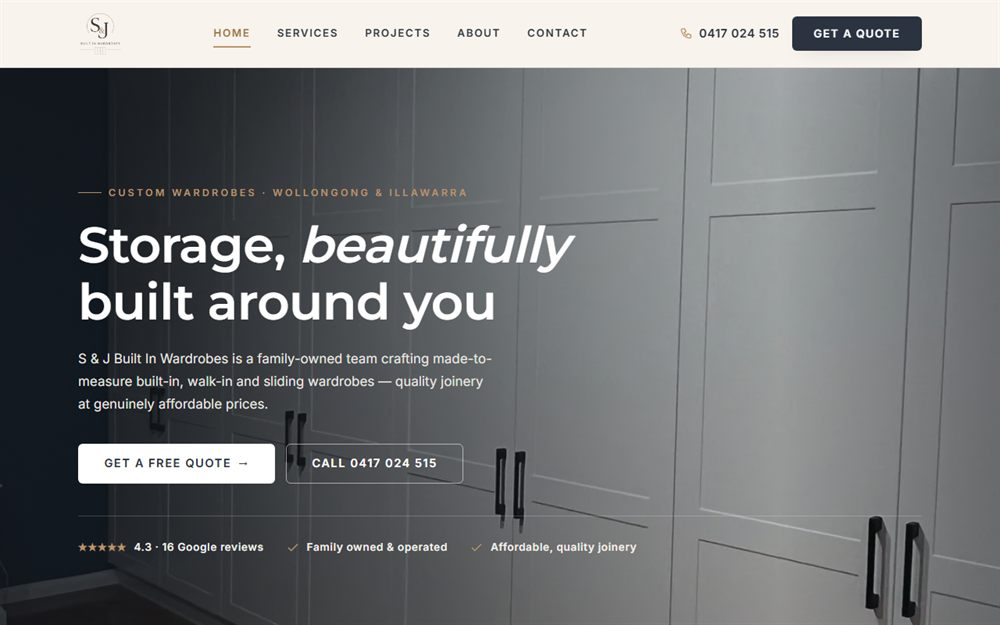 The homepage of S & J Built In Wardrobes, built by JC Websites