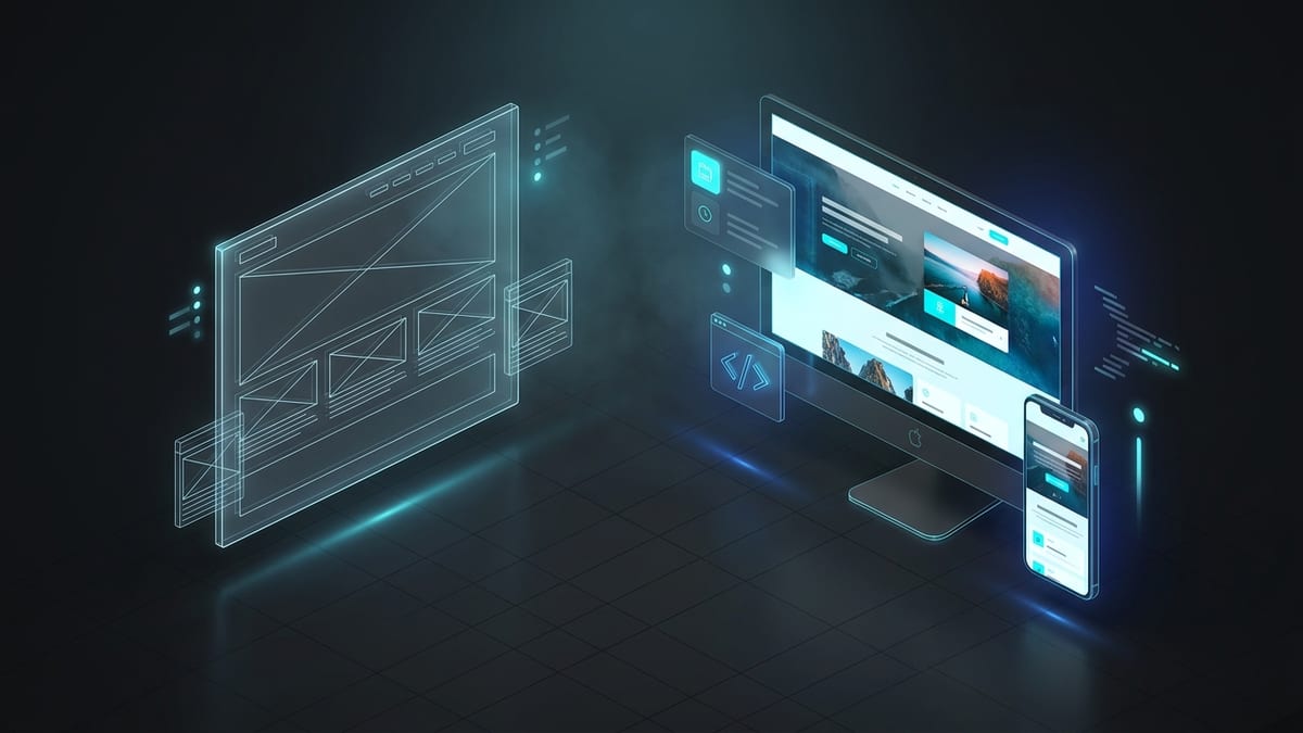 Conceptual illustration of the website creation process, from wireframe blueprint to a finished website mockup